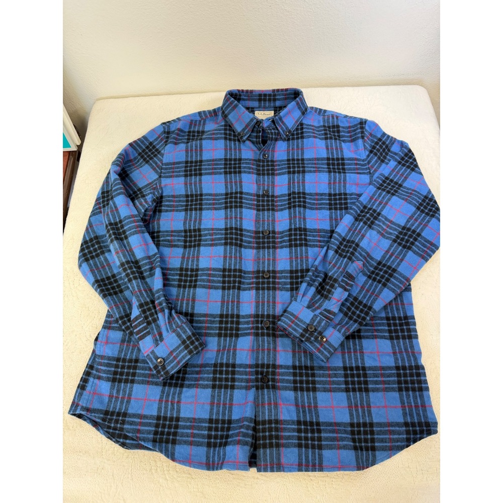 LL Bean Mens Flannel Shirt Blue Black Red Plaid Slightly Fitted Large 298167